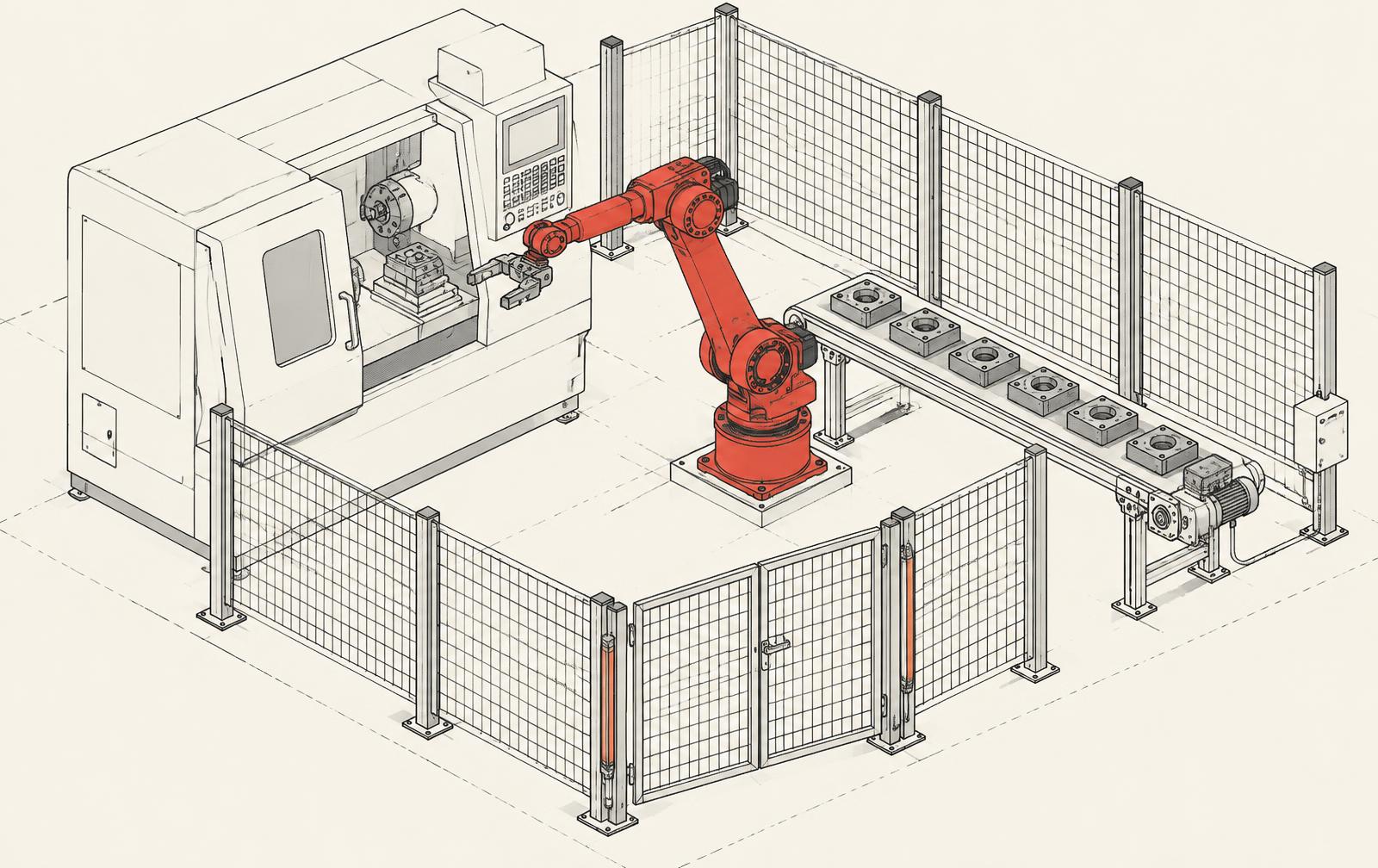 Sơ đồ minh họa một ô robot phục vụ máy CNC